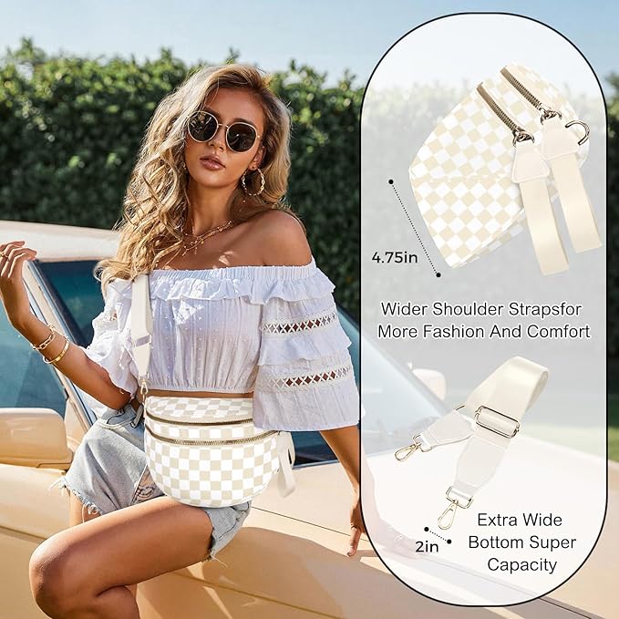 Spacious Nylon Checkered Crossbody Bum Bag for Women, Fashion Checkerboard Fanny Pack Purse with Anti-theft Pocket, Adjustable Wider Strap Wasit Bag (Beige)