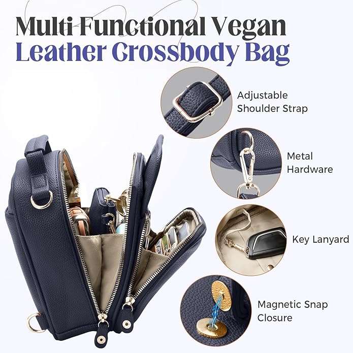 Vegan Leather Crossbody Bag for Women with 2 Straps, Small Messenger Bag with Anti Theft Zipper Pocket Vintage Shoulder Bag