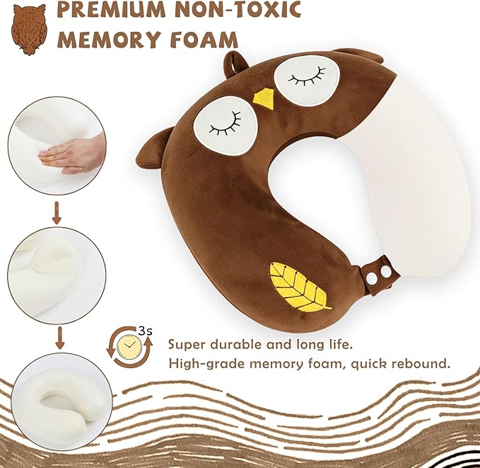 Travel Pillow, Kids Travel Pillow with Sleep Eye Mask Soft Memory Foam Kids Neck Pillow for Boys & Girls, Travel Accessories for Car Airplane Traveling - Owl