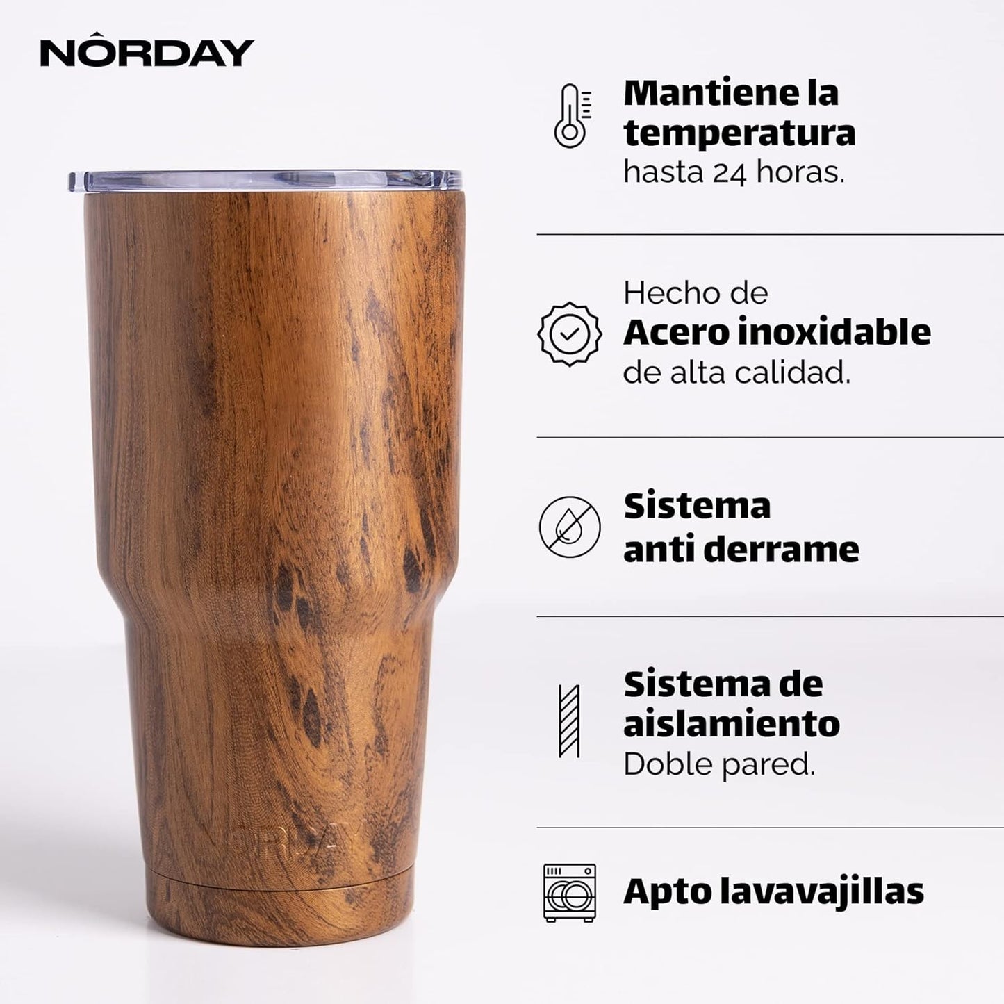 NORDAY | Tumbler with Lid - 30oz - Wood Insulated Tumbler - Stainless Steel Tumblers - Double Wall Vacuum Insulated Travel Coffee Mug for Car Cup Holder - Keeps Temperature for 24hr - Anti Spill Lid