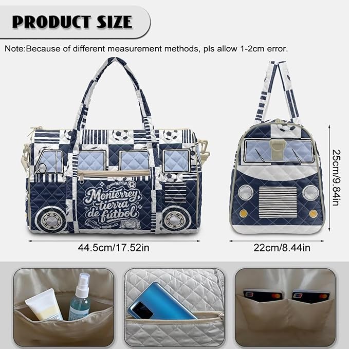 COEQINE Quilted Tote Bag Large Car，Monterrey Van Car Themed Men Purses Backpack Travel Duffle Bag for Weekender Gym Workout