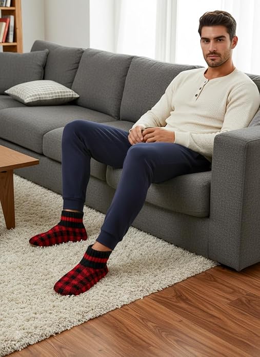 Cozylook Men's Slipper Socks with Grips, Fuzzy Indoor Slippers for Men, Soft Warm Winter Socks with Non-slip Soles