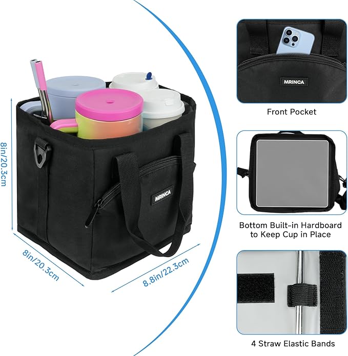 Reusable Drink Carrier with Handle – Insulated, Collapsible 4-Cup Beverage Bag with No-Spill Base, Adjustable Dividers & Shoulder Strap, Portable Caddy for Delivery, Car and Travel, Black