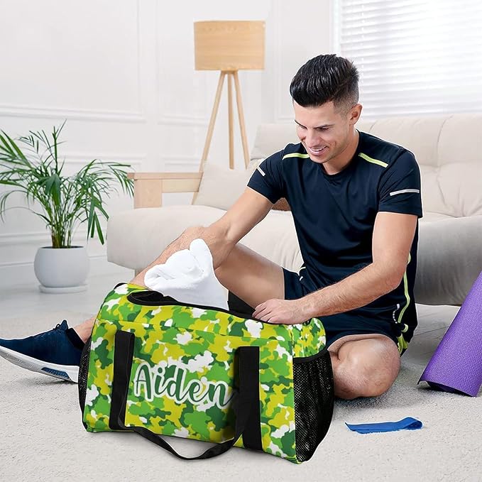 Custom Handheld Crossbody Travel Bag Camouflage Green Yellow Camo Lightweight Gym Bags Duffel Bag with Name Adjustable Shoulder Strap Backpacks
