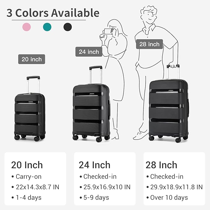 Kono Carry On Luggage 28 Inch Checked-Large Hard Shell Travel Trolley 4 Spinner Wheels Lightweight Polypropylene Suitcase with TSA Lock, Black