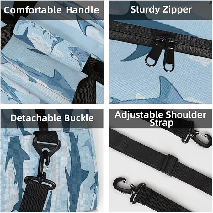 Navy Sharks Swimming Sports Duffel Bags, Water-Resistant Gym Duffle Bag for Men Women, Lightweight Weekender Overnight Bag for Fitness, Workout, Travel