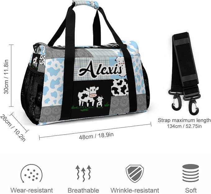 Plaid Patchwork Cow Blue Gray Crossbody Bag Waterproof Lightweight Duffel Bag Gym Dance Sport Perform Training Bag for Teens Women Men