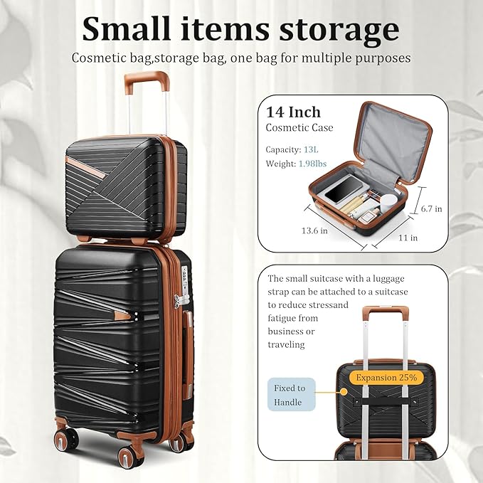 4 Piece Carry On Luggage Set 20 Inch, Expandable PP Hardshell Suitcase with Detachable Spinner Wheels & TSA Lock, Includes Cosmetic Case, Travel Tote & Toiletry Bag, Lightweight (Black)