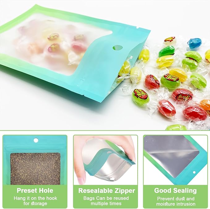 300 Pcs Gradient Mylar Bags, 3 Size Smell Proof Bags with Clear Window Foil Pouch Bags Resealable Bags for Small Business and Food Storage, Blue Green