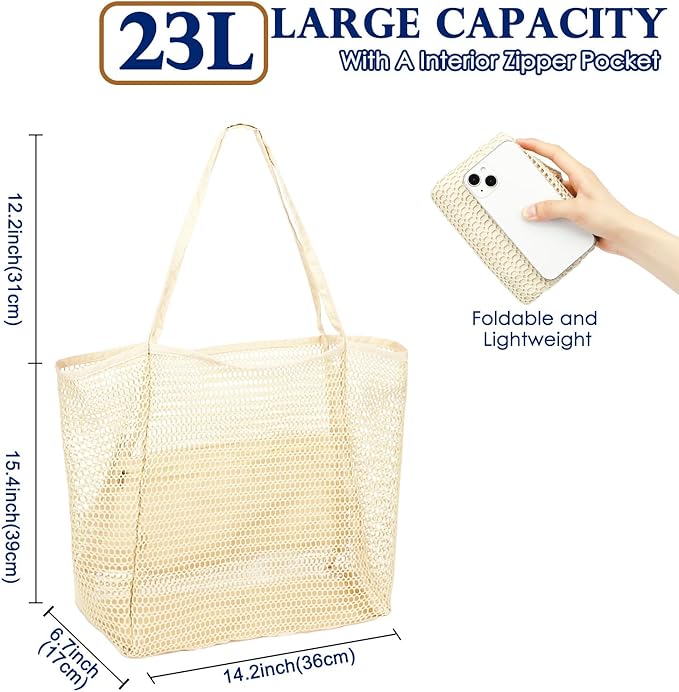 Mesh Beach Bag, Large Beach Tote with Zipper Pocket, Toys Pool Bag for Family Travel Vacation Cruise Essentials