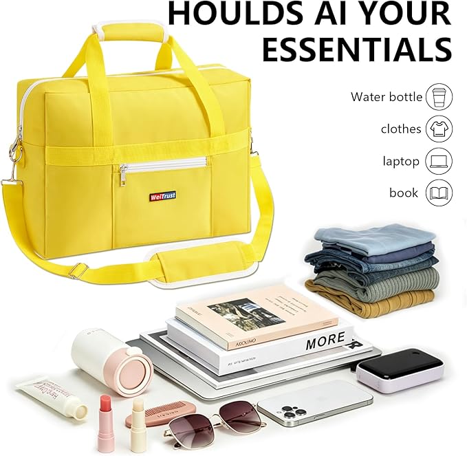Gym Bag for Women Men, Water-Resistant Duffle Bag for Travel Sports, Lightweight Carry On Bag with Handles and Detachable Shoulder Strap (Yellow)