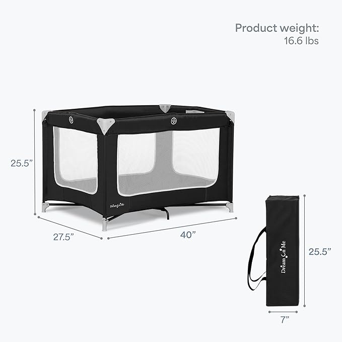 Dream On Me Zodiak Baby Playard, Breathable Mesh Sides, Soft Comfortable Mattress, Quick & Easy to Fold with Travel Carry Bag, Compact Space Saving Design - Black