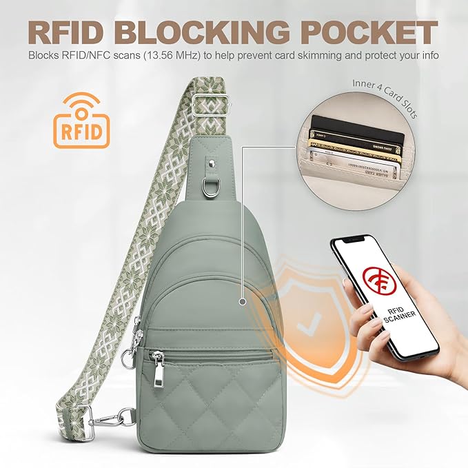 Sling Bag for Women, Anti-Theft RFID Crossbody Bag Nylon Sling Purse for Travel, Puffy Small backpack for Daily Hiking Sports Green