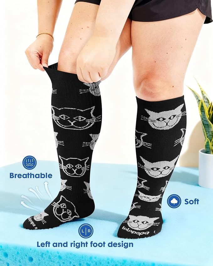Wide Calf Compression Socks for Women - 3-Pair Plus Size 20-30mmHg Ankle Support Easy on off Socks for Travel Nurse