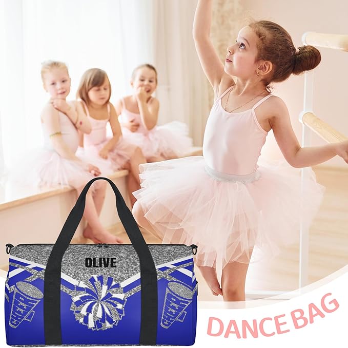 Personalized Cheerleading Dance Bag, Custom Small Sport Weekender Sleepover Travel Duffel Bag, Silver Grey Glittering with Navy Blue Cheer Theme