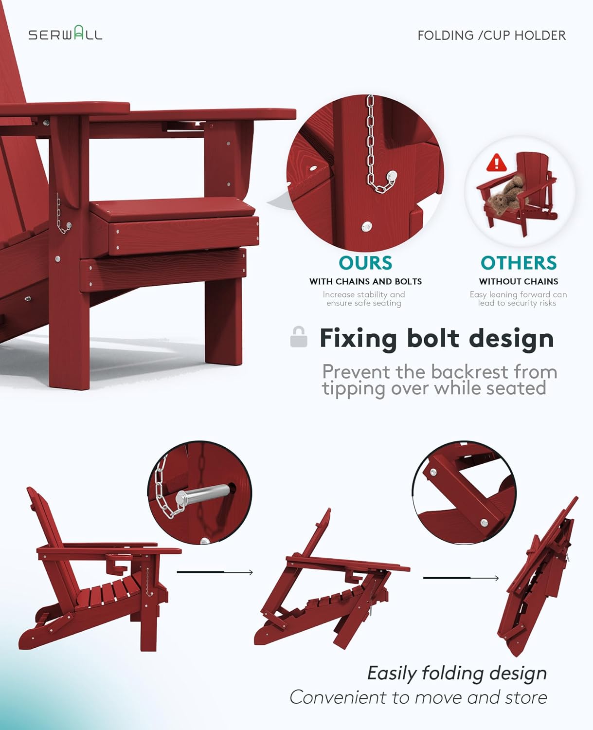 SERWALL Adirondack Chair with Cup Holders - Composite Adirondack Chairs Set of 4 HDPE Outdoor Chairs All Weather Use- Dark Red