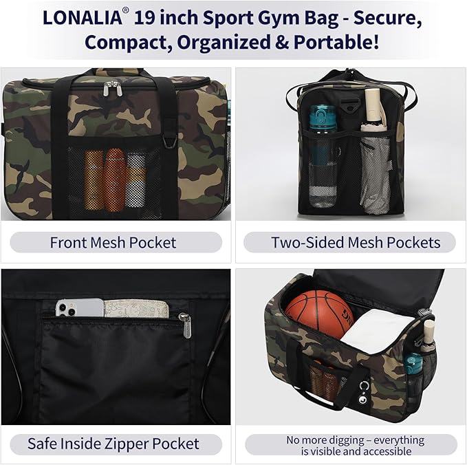 35L Sports Gym Duffle Bag - 19 inch Weekender Duffel for Workout, Basketball, Fitness, Training(Camo)