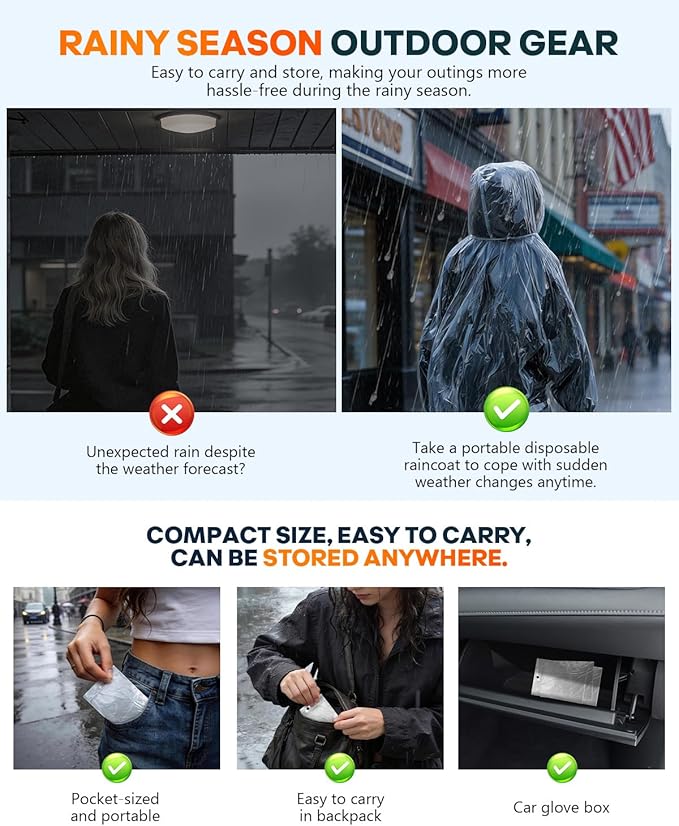 Disposable Rain Ponchos, 6 Pack Family Pack for Adults, 1MIL Thick Clear Emergency Raincoat with Drawstring Hood and Elastic Cuffs, Waterproof Rain Gear for Theme Parks Travel, and Camping