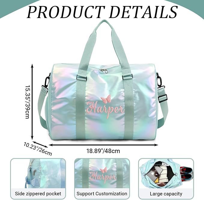 Personalized Dance Duffle Bag for Girls with Embroidered Name Custom Travel Duffle Sport Gym Bag for Women Cheerleading Weekender Overnight Luggage Bag with Shoe Compartment Customized Gifts White