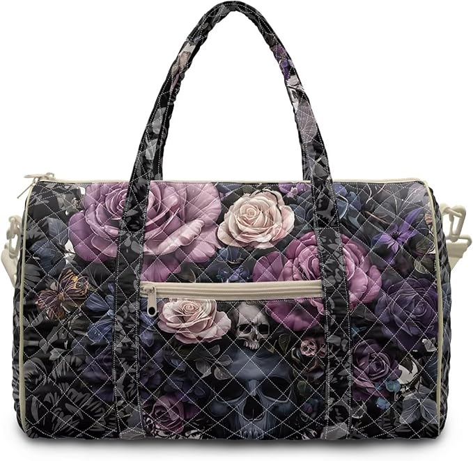 COEQINE Halloween Purses for Women Travel Quilted Duffle Print Travel Gym Bag Black Gothic Floral Skull Gothic Purse Large Packable Travel Bag