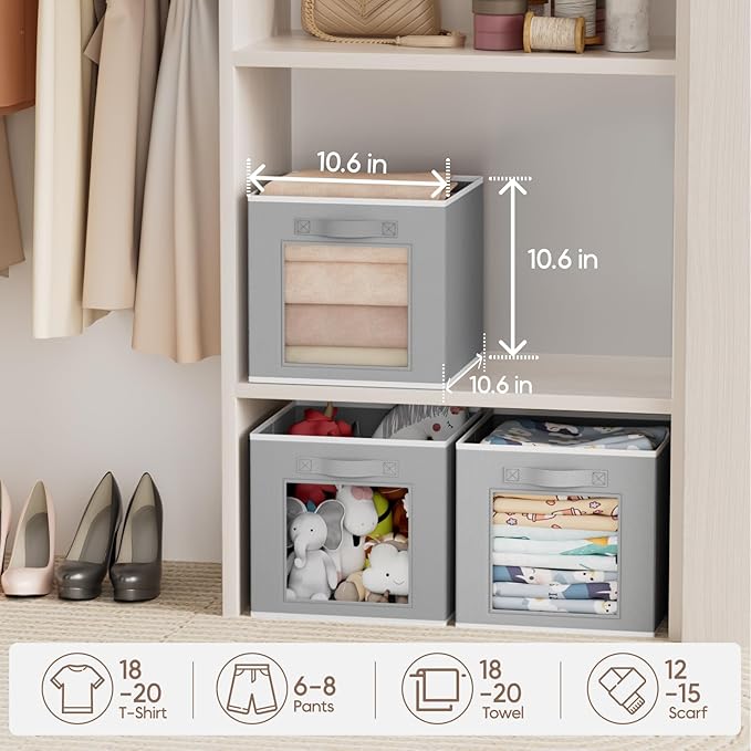 Storage Cube 11 Inch - Cube Storage Bins with Window, Closet Storage Baskets with Handle, Fabric Bins for Closet, Shelves, Toys, Clothes, Set of 14, Grey