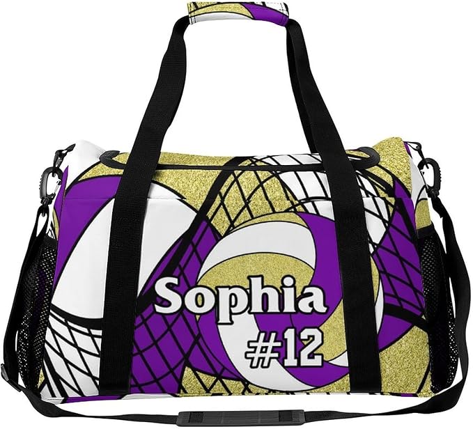 Custom Volleyball Purple Gold Duffel Bag with Name Personalized Travel Bags Sport Gym Bag Carry On Weekender Bags for Men Women