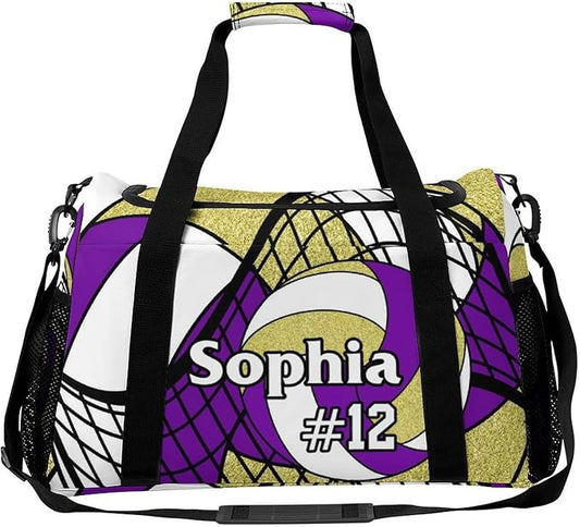 Custom Volleyball Purple Gold Duffel Bag with Name Personalized Travel Bags Sport Gym Bag Carry On Weekender Bags for Men Women