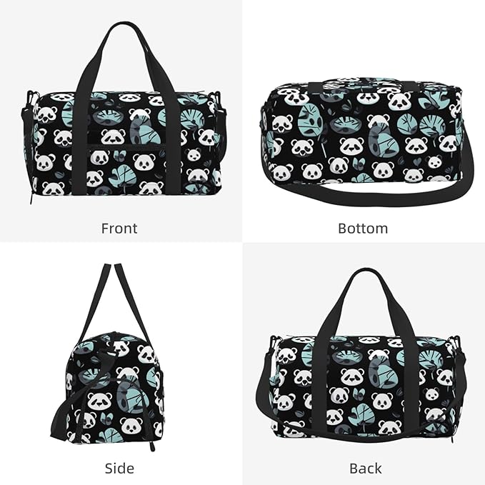 Black and white panda face Print Gym Bag with Shoe Compartment for Women Men, 17.7in Sports Duffle Weekender Tote, Overnight Travel Duffel Bag Carry On
