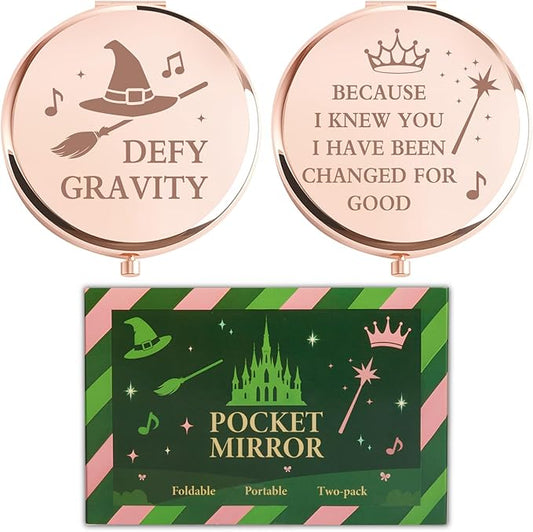 2 Pcs Witch Pocket Mirrors – Witch Compact Makeup Mirror with Hat, Broom & Crown Wand Design, Movie or Musical Theatre Merch Stuff Gifts for Women & Girls (Rose Gold)