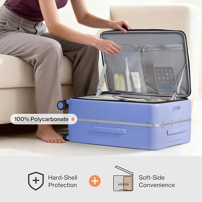 mixi 24 Inch Checked Luggage PC Hard Shell Suitcase Top Opening Aluminum Frame Travel Suitcases with Wheels, Lilac Purple
