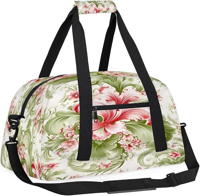 Duffle Bag for Women Men, Pink Green Floral Gym Bag for Travel Sports, Lightweight Waterproof Weekender Overnight Bags with Adjustable Strap