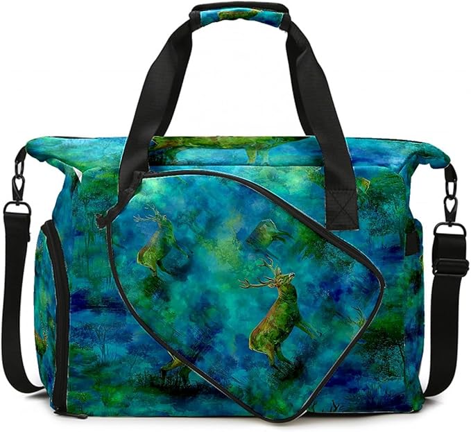 Ethereal Deer Blue Gym Bag for Women & Tennis Bag, Large Sports Duffel Bag Waterproof with Ventilated Shoe Compartment & Front Racket Sleeve, Lightweight Travel Weekender Overnight Bag