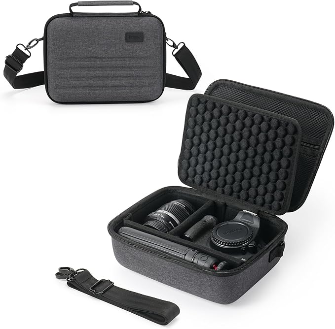 Camera Case for Canon EOS Rebel T7/R50/R100/R6 Mark II/Sony Alpha 7 IV/Alpha a6400 DSLR SLR Mirrorless Camera, Anti-Shock Dot Protection, with 6 SD Card Slots, 2 Dividers and Shoulder Strap