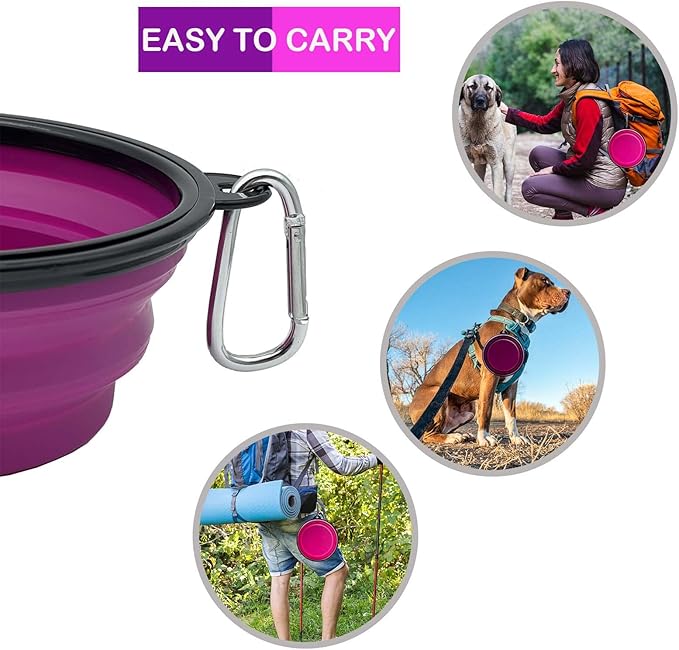 Large Collapsible Dog Bowl 35oz, 2 Pack Collapsible Travel Dog Cat Water Bowl Portable Foldable Food Dishes with 2 Carabiners for Travel, Hiking, Camping, Walking (Purple+Pink, 1000ml)