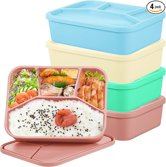 4 Pcs Silicone Bento Box Reusable Lunch Container Smooth Leak Proof Lunch Box Rectangle Bento Boxes for Adult Work Travel Food Meal Compartment Storage, 4 Colors (Bright Colors)