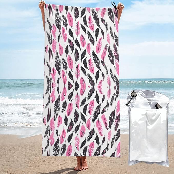 Pink And Black Feather Pattern Sand Free Beach Towel – 27.5"X55" Quick Dry Microfiber Beach Towels For Travel, Swimming, Pool, And Camping, Absorbent And Compact Beach Essential For Women, And Men