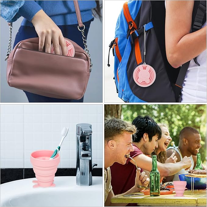 Reusable Foldable Silicone Water Cup, Portable Picnic Snacks Cup, Pocket Size Travel Cup Extensible, Collapsible Cups with Lid for Camping, Travel (Pink with Rope)