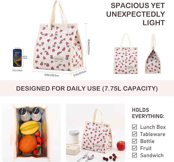 TELLUMO Corduroy Lunch Bag for Women Men Cute Lunch Bag Insulated Lunch Box with Large Capacity (7.5L) Reusable Lunchbag for Work, Picnic, Beach or Travel (S- Corduroy Love)