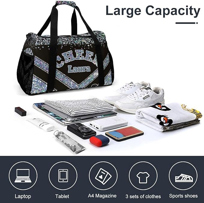 Personalized Cheer Bag Gifts for Girls Sport Cheerleading Gym Travel Duffel Bag Overnight Weekender Bags with Name (Light Blue Gray)