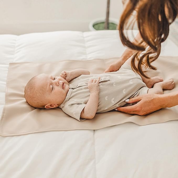 Konssy Faux Leather Baby Changing Mat, Waterproof, Wipeable & Portable Diaper Changing Pad for Travel or Home, Fits Perfectly in Diaper Bag, 30 x 17 inches (Blush,Beige)