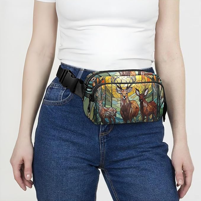 Stained Glass Printed Forest Dear Fanny Pack for Women Men Water Resistant Fashion Waist Packs with Adjustable Strap Belt Bag for Travel Workout Jogging Hiking 21219627