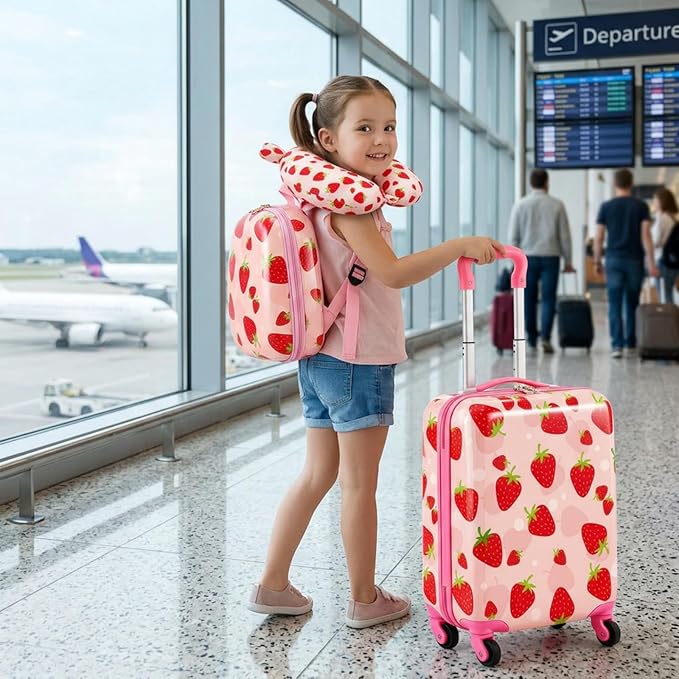Sanwuta 4 Pcs Kids Luggage Set Rolling Suitcase Backpack U-shaped Pillow Kids Carry On Gift for Summer Travel Family Trip(17 Inch,Strawberry Style,Light Pink)