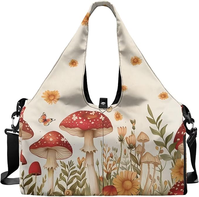 Gym Bag with Yoga Mat Holder, Shoe Compartments, Mushroom Womens Gym Bag Double Zipper Lightweight Breathable Carry On Bag for Travel Work Gym