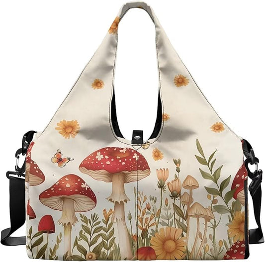 Gym Bag with Yoga Mat Holder, Shoe Compartments, Mushroom Womens Gym Bag Double Zipper Lightweight Breathable Carry On Bag for Travel Work Gym