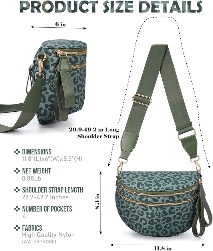 Pure Colour Crossbody Bag Bum Bag for Women,Spacious Purse Fanny Packs Belt Bag,Oversized Bum Bag (Bean Green Leopard Print Bum Bag)