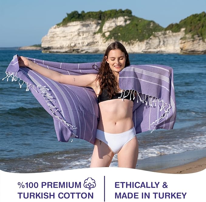 Turkish Beach Towels, Bulk Case of 36 | Oversized, Quick Dry, Sand Free | 100% Cotton, Large 38x71 Towels for Beach, Pool, Travel | Ultra-Soft, Compact, Absorbent | Purple