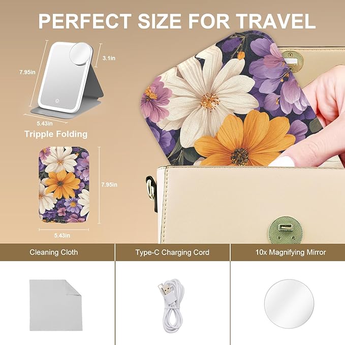 Mocado Travel Makeup Mirro with Lights, 360° Rotation Lighted Makeup Mirror, Portable Mirror with 10x Magnification, 3 Color Lightings, Dimmable Touch Screen, Tabletop Light up(Sun Daisy)