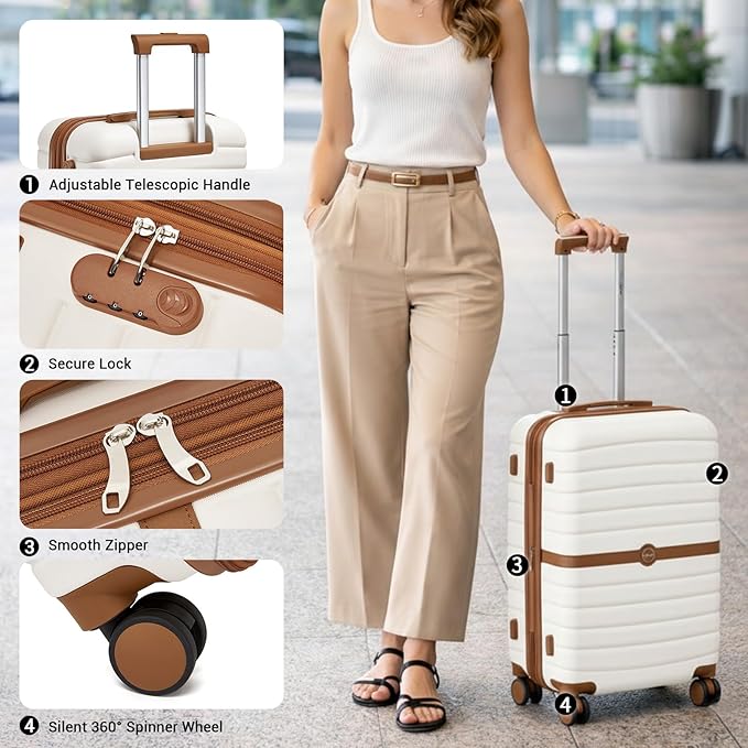 Kono Expandable 24 Inch Luggage with Spinner Wheels, Medium Checked Luggage with Lock, Lightweight & Anti-Scratch PC+ABS Hardshell Travel Suitcase, White/Brown