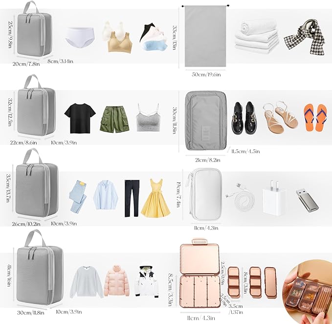 SNAIL GARDEN 8 Pack Compression Packing Cubes Set with Cable Organiser,Pill Box,Shoes Packing Organizer,Lightweight Compression Bags for Travel,4 Sizes Luggage Organizer Bags