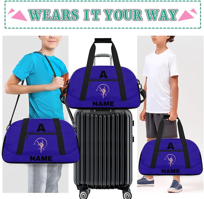 Personalize-Kids-Sports-Duffel-Bags With Custom Name Text Carry-On Overnight Travel Gym Lightweight Dance Pattern Sports Bags For Girls Boys Kids,Blue 4